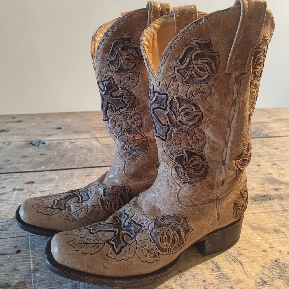 Corral Cross Rose Western Boots Womens 8.5 Distressed Tan Leather R2375